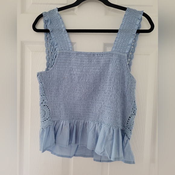 Coastal Boho Crocheted Smocked Blue Cropped Top Tank Size Small- Rebellion Again - Picture 3 of 5
